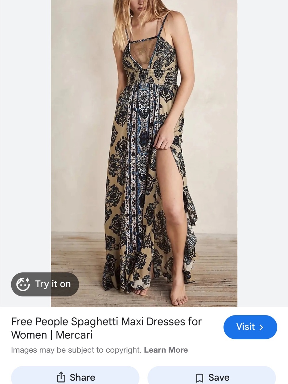 Free People Boho Maxi Slip Dress in Beige and Navy Floral